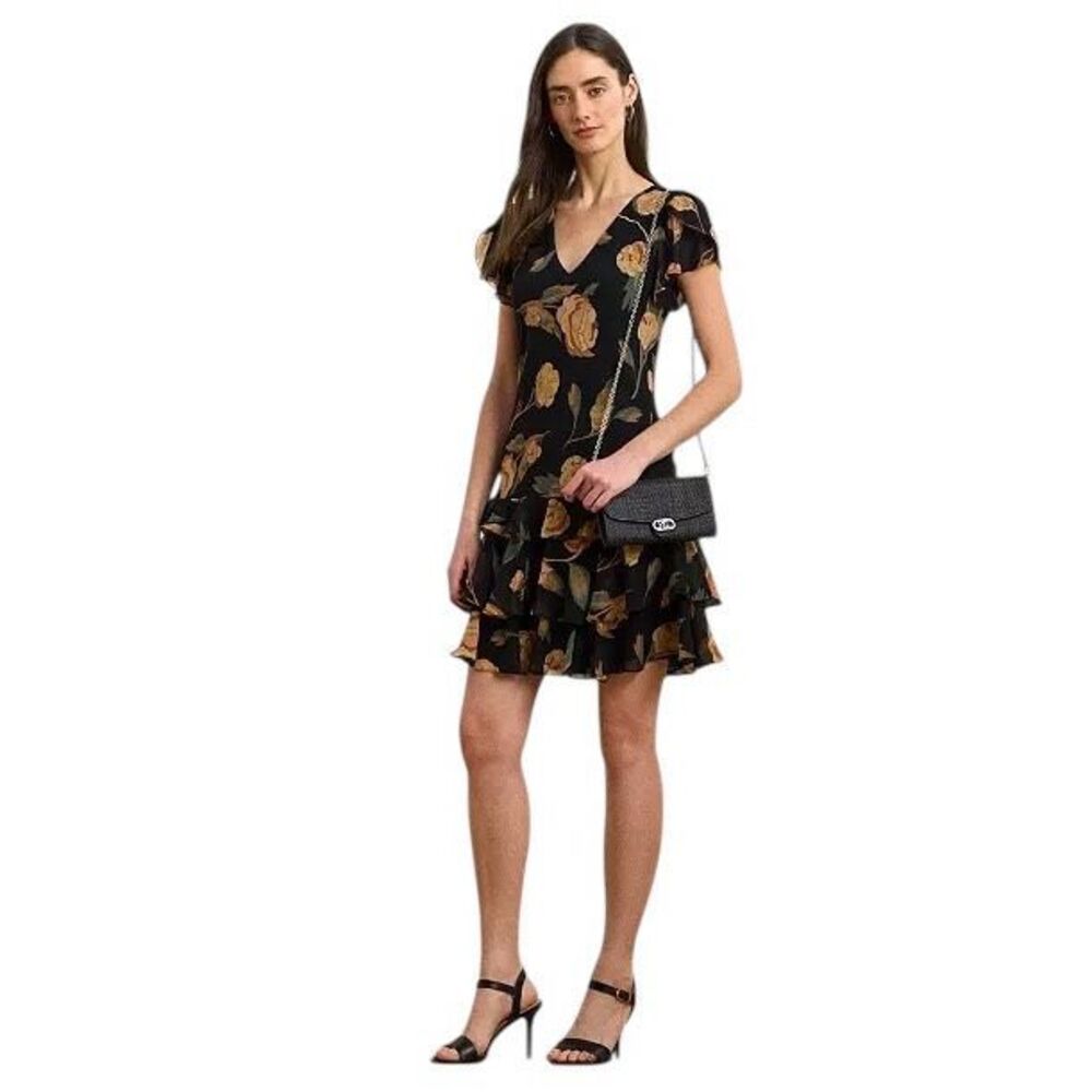 Ralph Lauren Floral V Neck Short Sleeve Ruffle Dress Sz 14